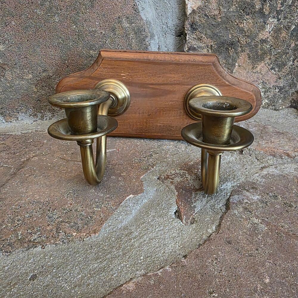 Brass and wood backplate Candle Wall Sconces Pair Colonial Williamsburg Patina